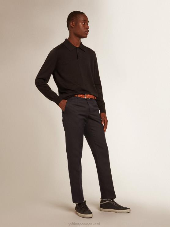 FDVPX814 Golden Goose hombres polo de manga larga en lana merino negra