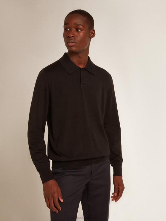 FDVPX814 Golden Goose hombres polo de manga larga en lana merino negra