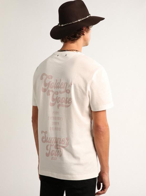 FDVPX695 Golden Goose hombres camiseta colección travel blanca con doble estampado lila