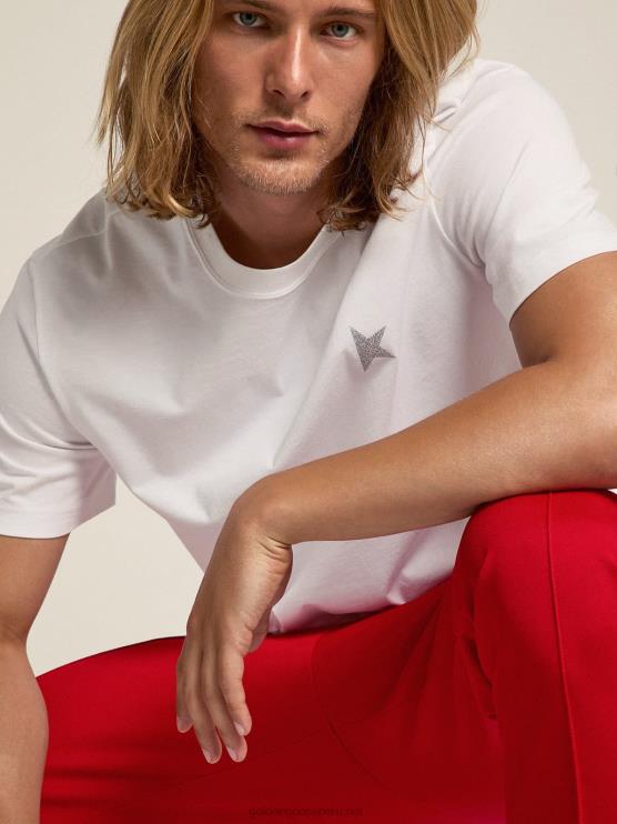 FDVPX706 Golden Goose hombres camiseta blanca de la colección star con estrella en glitter plateado en la parte delantera