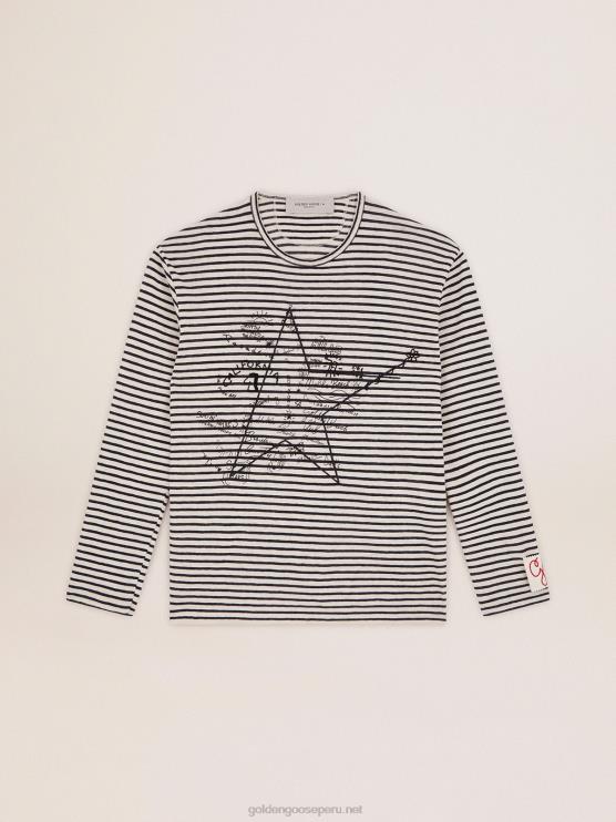 FDVPX717 Golden Goose hombres camiseta de la colección con rayas blancas y azules y bordado en la parte delantera