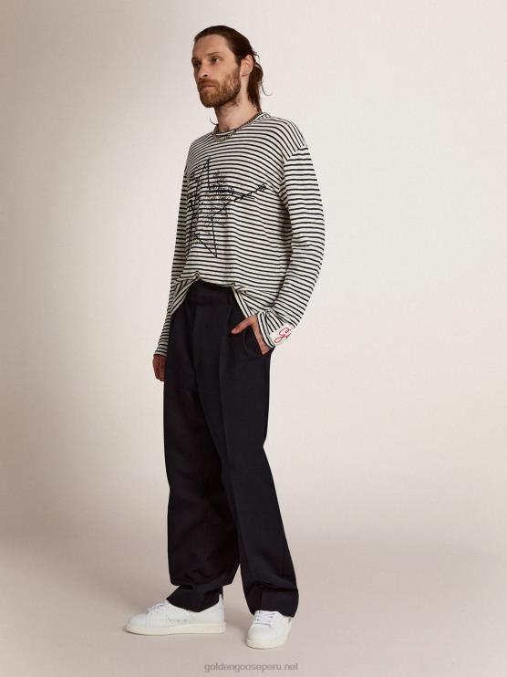 FDVPX717 Golden Goose hombres camiseta de la colección con rayas blancas y azules y bordado en la parte delantera