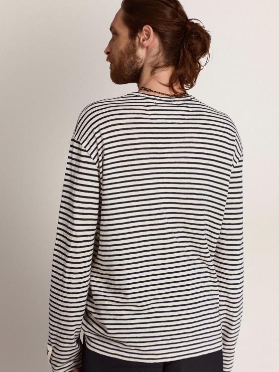 FDVPX717 Golden Goose hombres camiseta de la colección con rayas blancas y azules y bordado en la parte delantera