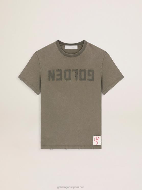 FDVPX723hombres camiseta verde oliva colección efecto envejecido con letras doradas en la parte delantera