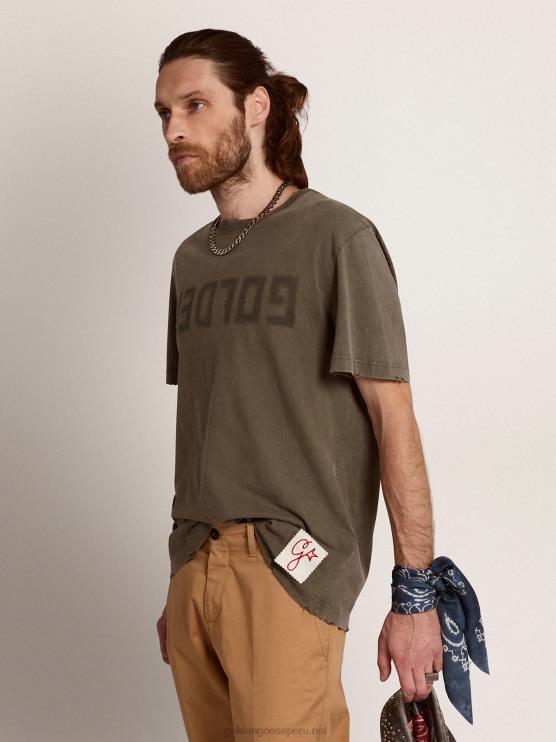 FDVPX723hombres camiseta verde oliva colección efecto envejecido con letras doradas en la parte delantera