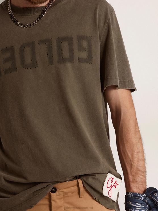 FDVPX723hombres camiseta verde oliva colección efecto envejecido con letras doradas en la parte delantera