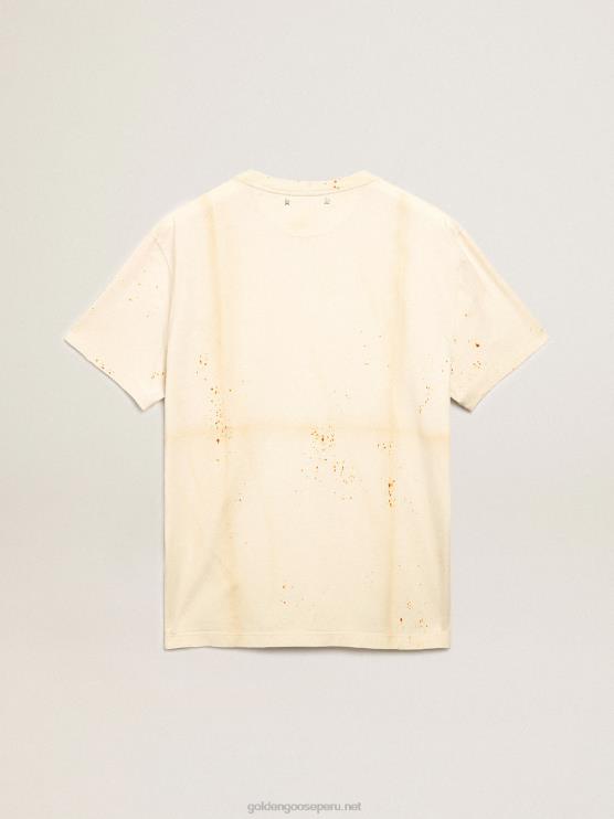FDVPX728hombres camiseta de la colección travel en blanco hueso con efecto de prenda doblada con letras doradas y spray color óxido