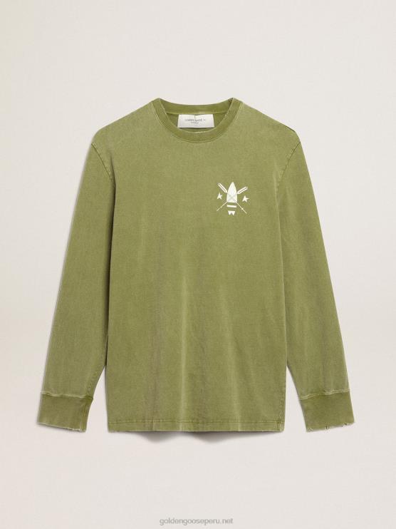 FDVPX781 Golden Goose hombres camiseta verde pesto con logo blanco en la parte delantera y trasera