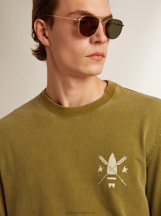 FDVPX781 Golden Goose hombres camiseta verde pesto con logo blanco en la parte delantera y trasera