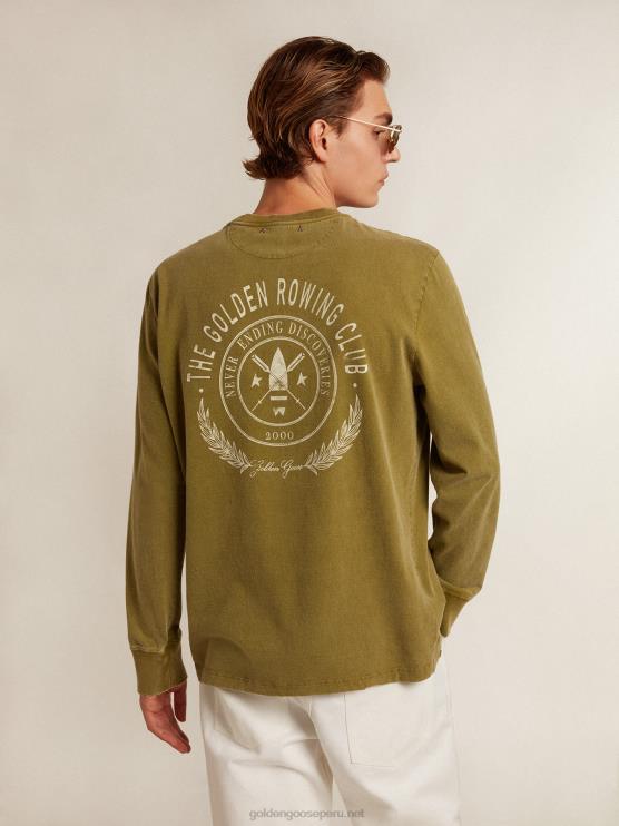 FDVPX781 Golden Goose hombres camiseta verde pesto con logo blanco en la parte delantera y trasera