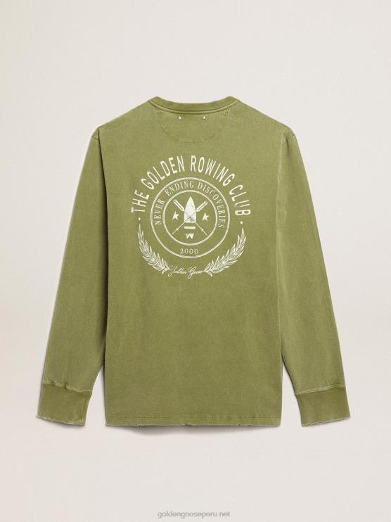 FDVPX781 Golden Goose hombres camiseta verde pesto con logo blanco en la parte delantera y trasera