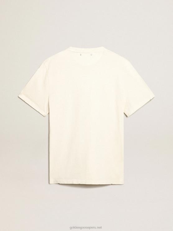 FDVPX805 Golden Goose hombres camiseta blanca con acabado envejecido y letras