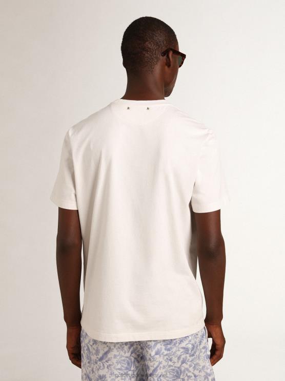 FDVPX708 Golden Goose hombres camiseta de lino de la colección resort de algodón blanco vintage con flor estampada