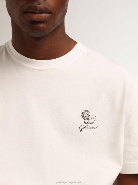 FDVPX708 Golden Goose hombres camiseta de lino de la colección resort de algodón blanco vintage con flor estampada