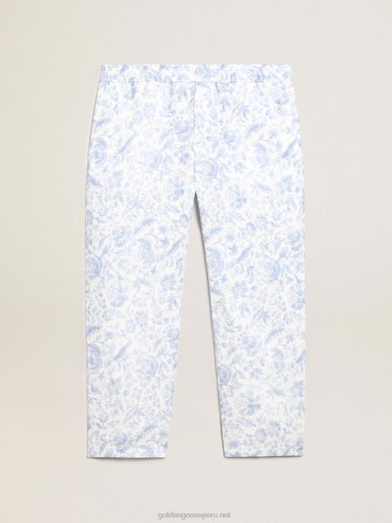 FDVPX734 Golden Goose hombres Pantalón de lino resort collection con estampado azul mediterráneo