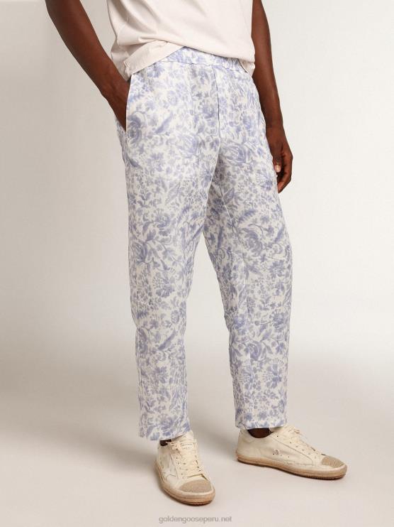 FDVPX734 Golden Goose hombres Pantalón de lino resort collection con estampado azul mediterráneo