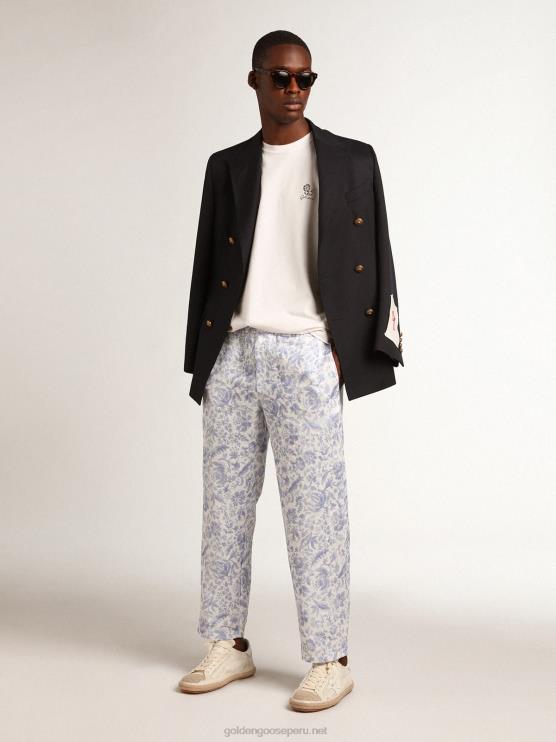 FDVPX734 Golden Goose hombres Pantalón de lino resort collection con estampado azul mediterráneo