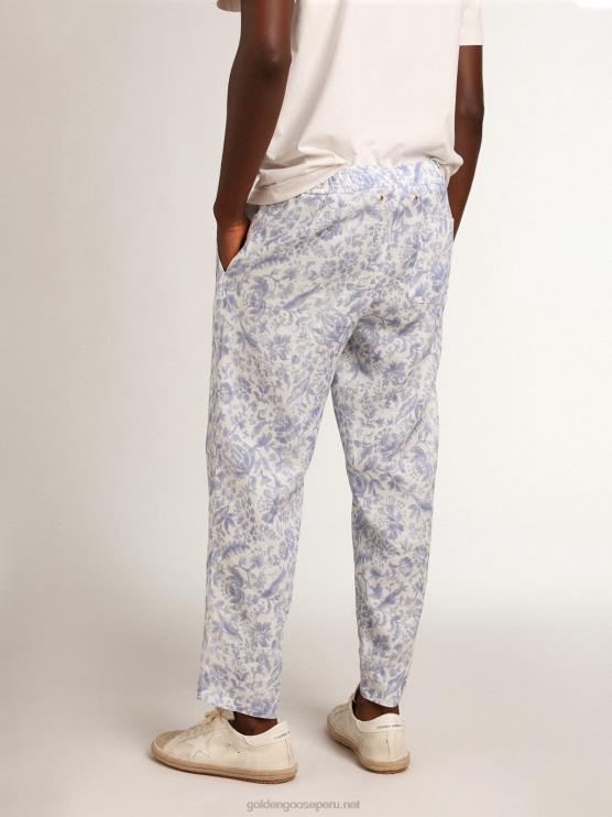 FDVPX734 Golden Goose hombres Pantalón de lino resort collection con estampado azul mediterráneo