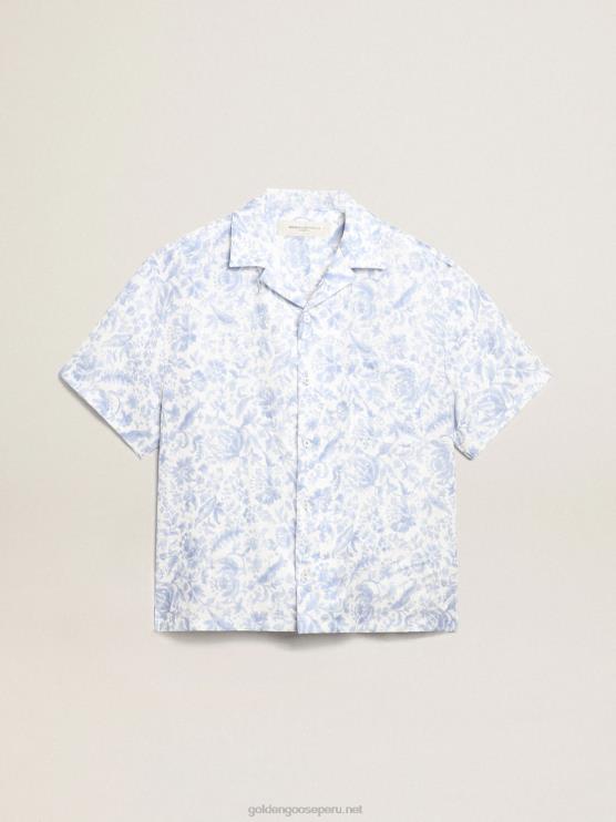 FDVPX738 Golden Goose hombres camisa resort collection de lino con estampado azul mediterráneo