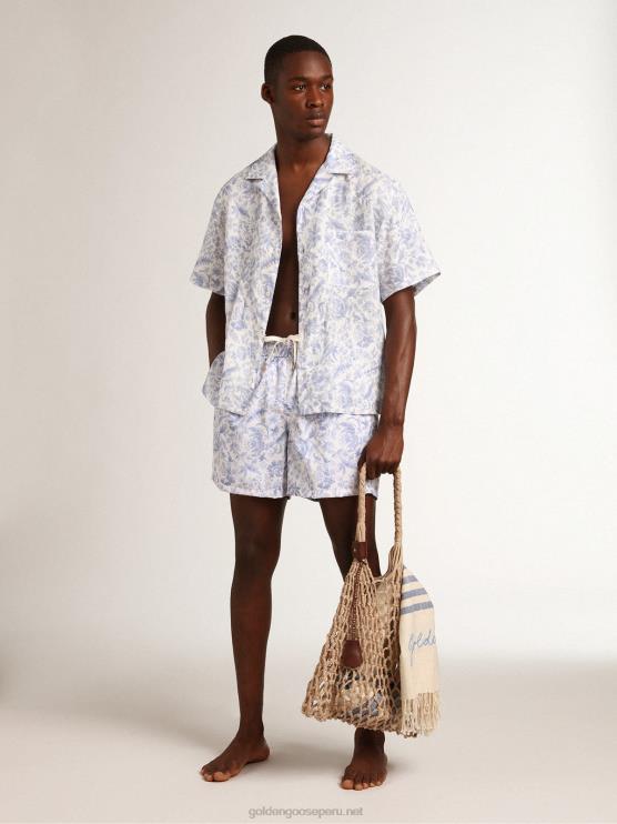 FDVPX738 Golden Goose hombres camisa resort collection de lino con estampado azul mediterráneo