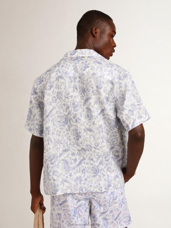 FDVPX738 Golden Goose hombres camisa resort collection de lino con estampado azul mediterráneo