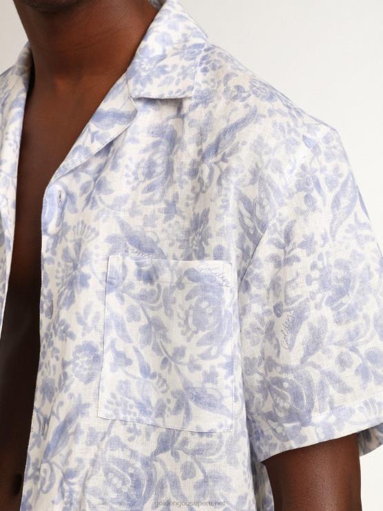 FDVPX738 Golden Goose hombres camisa resort collection de lino con estampado azul mediterráneo
