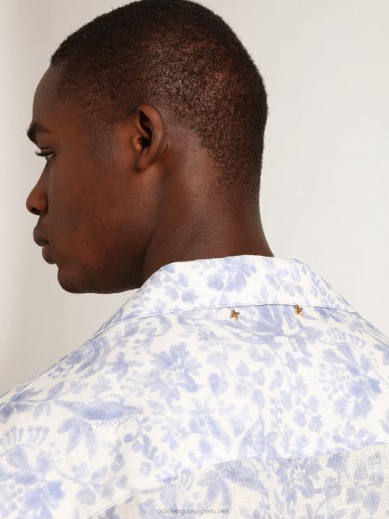 FDVPX738 Golden Goose hombres camisa resort collection de lino con estampado azul mediterráneo
