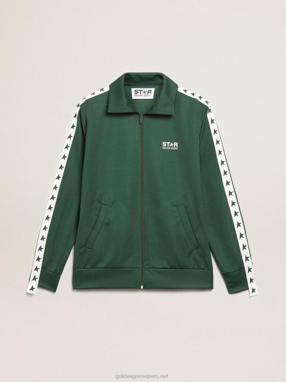 FDVPX691 Golden Goose hombres sudadera verde con cremallera y franja blanca con estrellas a contraste