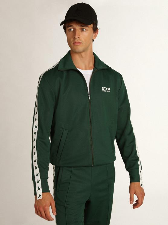 FDVPX691 Golden Goose hombres sudadera verde con cremallera y franja blanca con estrellas a contraste
