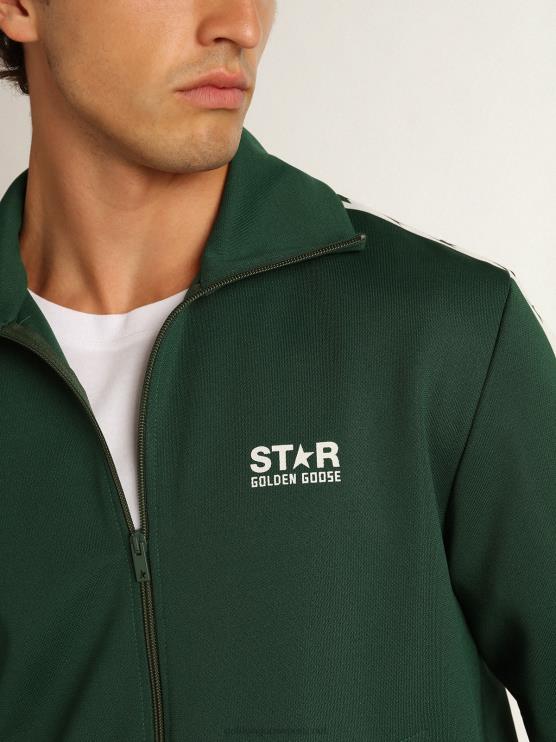 FDVPX691 Golden Goose hombres sudadera verde con cremallera y franja blanca con estrellas a contraste