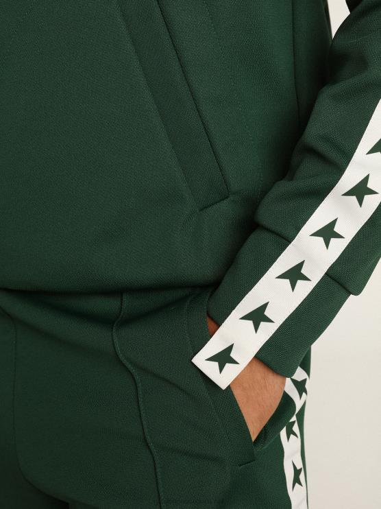 FDVPX691 Golden Goose hombres sudadera verde con cremallera y franja blanca con estrellas a contraste