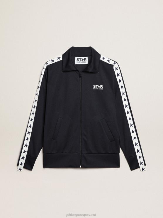 FDVPX698 Golden Goose hombres sudadera azul oscuro con franja blanca y estrellas azules a contraste