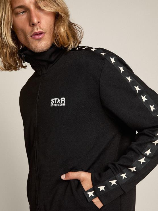 FDVPX705 Golden Goose hombres sudadera negra con cremallera y estrellas blancas en contraste