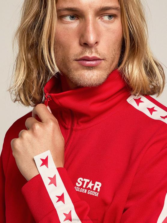 FDVPX707 Golden Goose hombres sudadera roja con cremallera y estrellas rojas en contraste