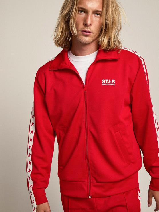 FDVPX707 Golden Goose hombres sudadera roja con cremallera y estrellas rojas en contraste