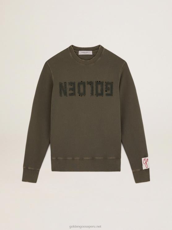 FDVPX713hombres Sudadera de la colección verde oliva con tratamiento envejecido y letras doradas en la parte delantera