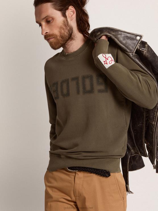 FDVPX713hombres Sudadera de la colección verde oliva con tratamiento envejecido y letras doradas en la parte delantera