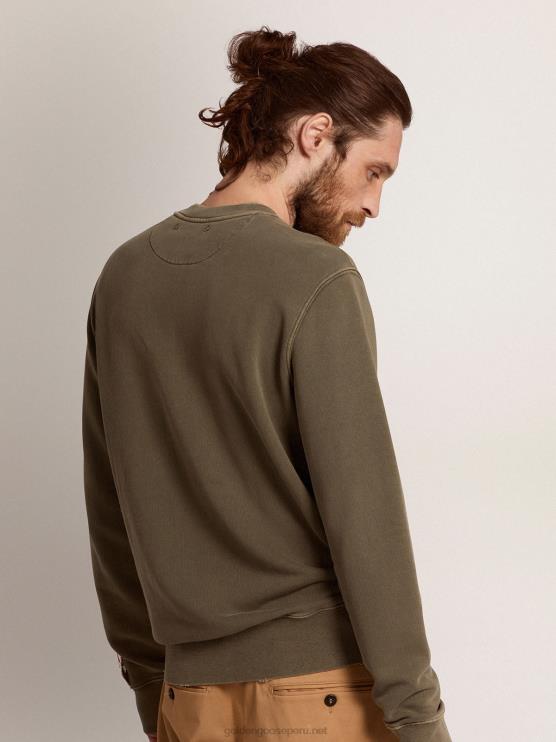 FDVPX713hombres Sudadera de la colección verde oliva con tratamiento envejecido y letras doradas en la parte delantera