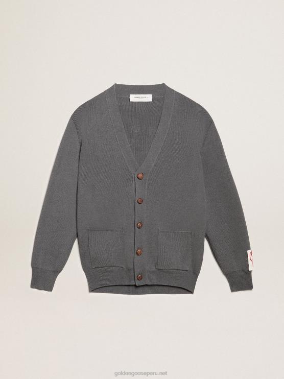 FDVPX714 Golden Goose hombres cárdigan de algodón melange gris oscuro con logo en la espalda
