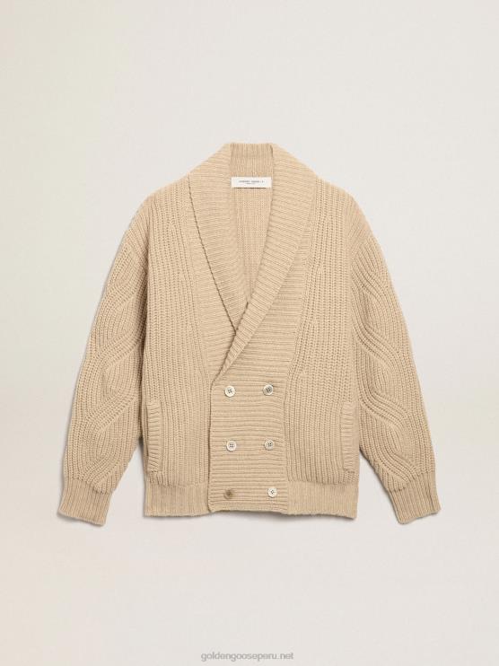 FDVPX715 Golden Goose hombres Cárdigan cruzado de la colección Journey de lana de canalé beige con parches de piel tono sobre tono