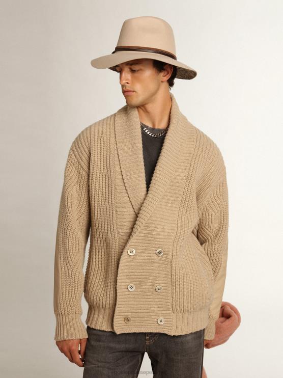FDVPX715 Golden Goose hombres Cárdigan cruzado de la colección Journey de lana de canalé beige con parches de piel tono sobre tono