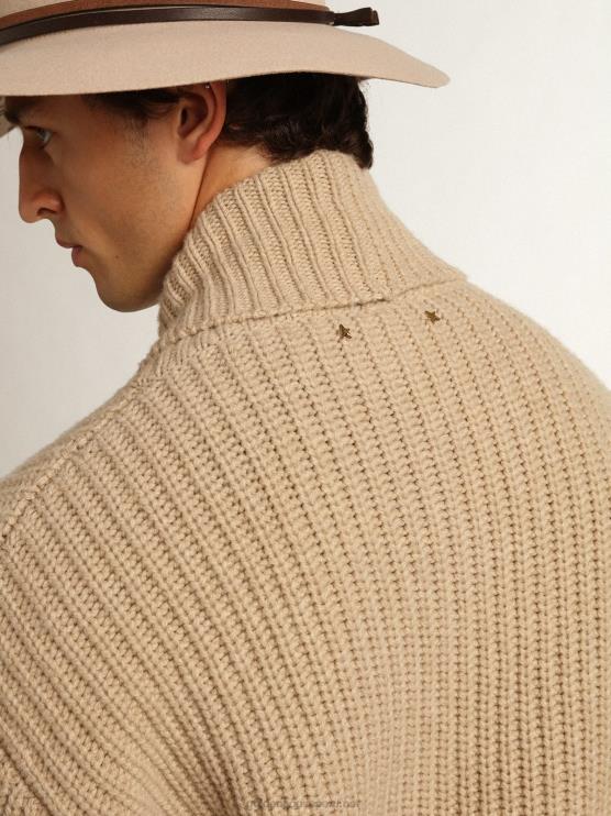 FDVPX715 Golden Goose hombres Cárdigan cruzado de la colección Journey de lana de canalé beige con parches de piel tono sobre tono