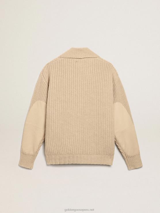 FDVPX715 Golden Goose hombres Cárdigan cruzado de la colección Journey de lana de canalé beige con parches de piel tono sobre tono
