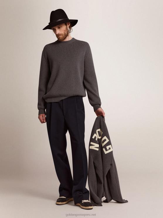 FDVPX719 Golden Goose hombres jersey de cuello redondo de algodón gris oscuro con logo en la espalda