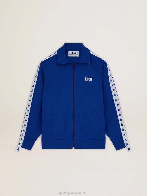 FDVPX735 Golden Goose hombres sudadera azul con cremallera y franja blanca y estrellas a contraste