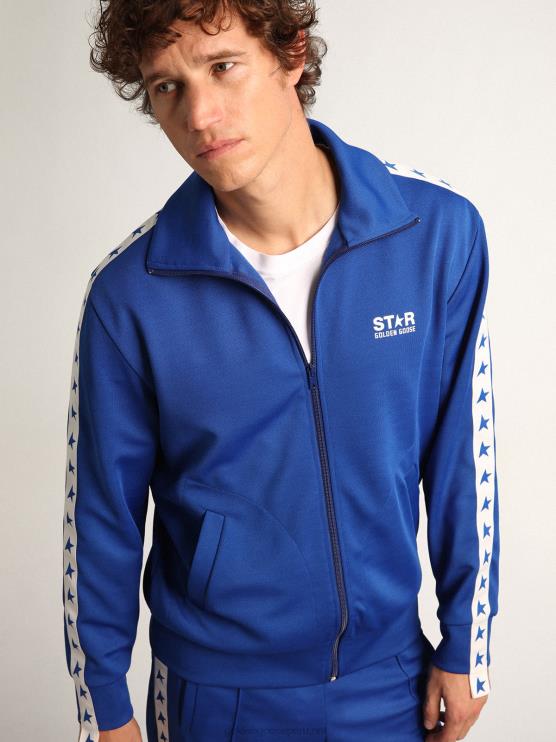 FDVPX735 Golden Goose hombres sudadera azul con cremallera y franja blanca y estrellas a contraste