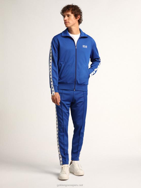 FDVPX735 Golden Goose hombres sudadera azul con cremallera y franja blanca y estrellas a contraste