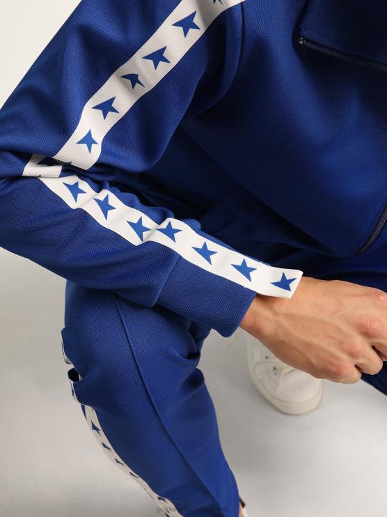 FDVPX735 Golden Goose hombres sudadera azul con cremallera y franja blanca y estrellas a contraste