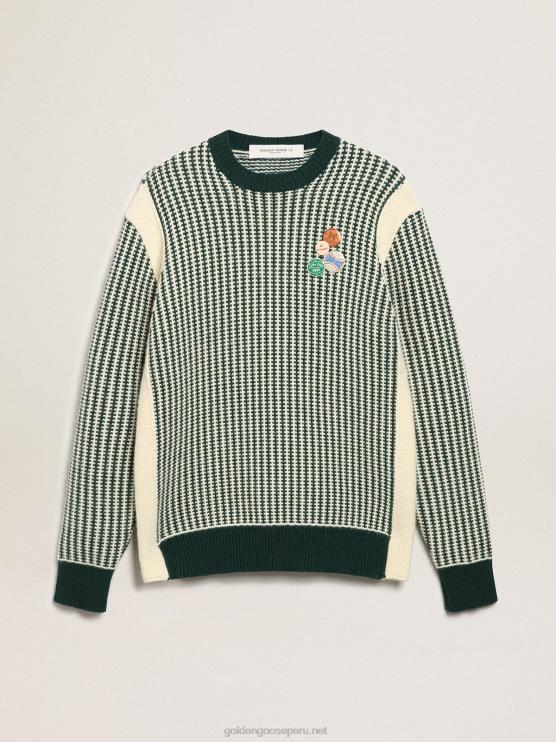 FDVPX749 Golden Goose hombres Jersey de cuello redondo de la colección Journey en lana bicolor blanca y verde.