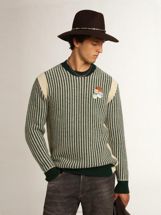 FDVPX749 Golden Goose hombres Jersey de cuello redondo de la colección Journey en lana bicolor blanca y verde.